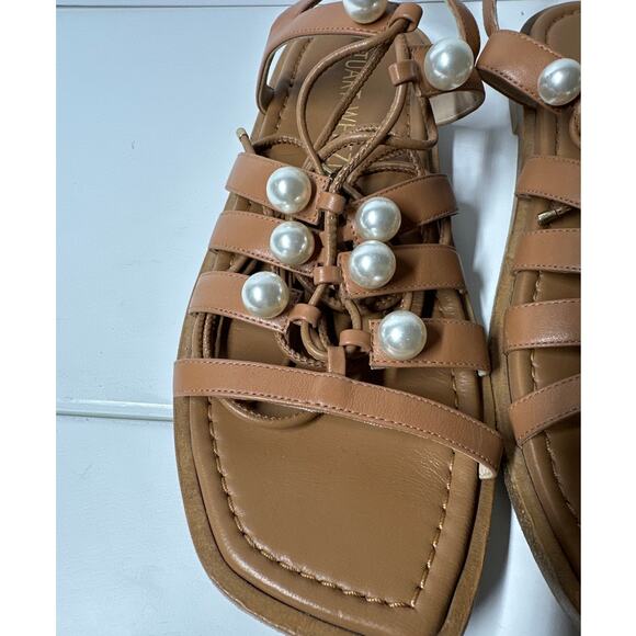 Stuart Weitzman Goldie Lace Up Pearly Leather Ankle-Tie Flat Sandals Tan Size 8 - Picture 8 of 13